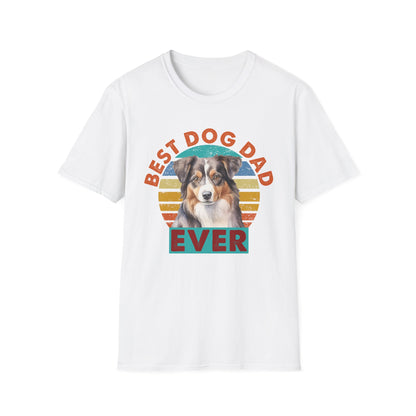 White unisex t-shirt with text that says 'Best Dog Dad Ever' and an Australian Shepherd graphic, ideal for Aussie dog dads and pet lovers