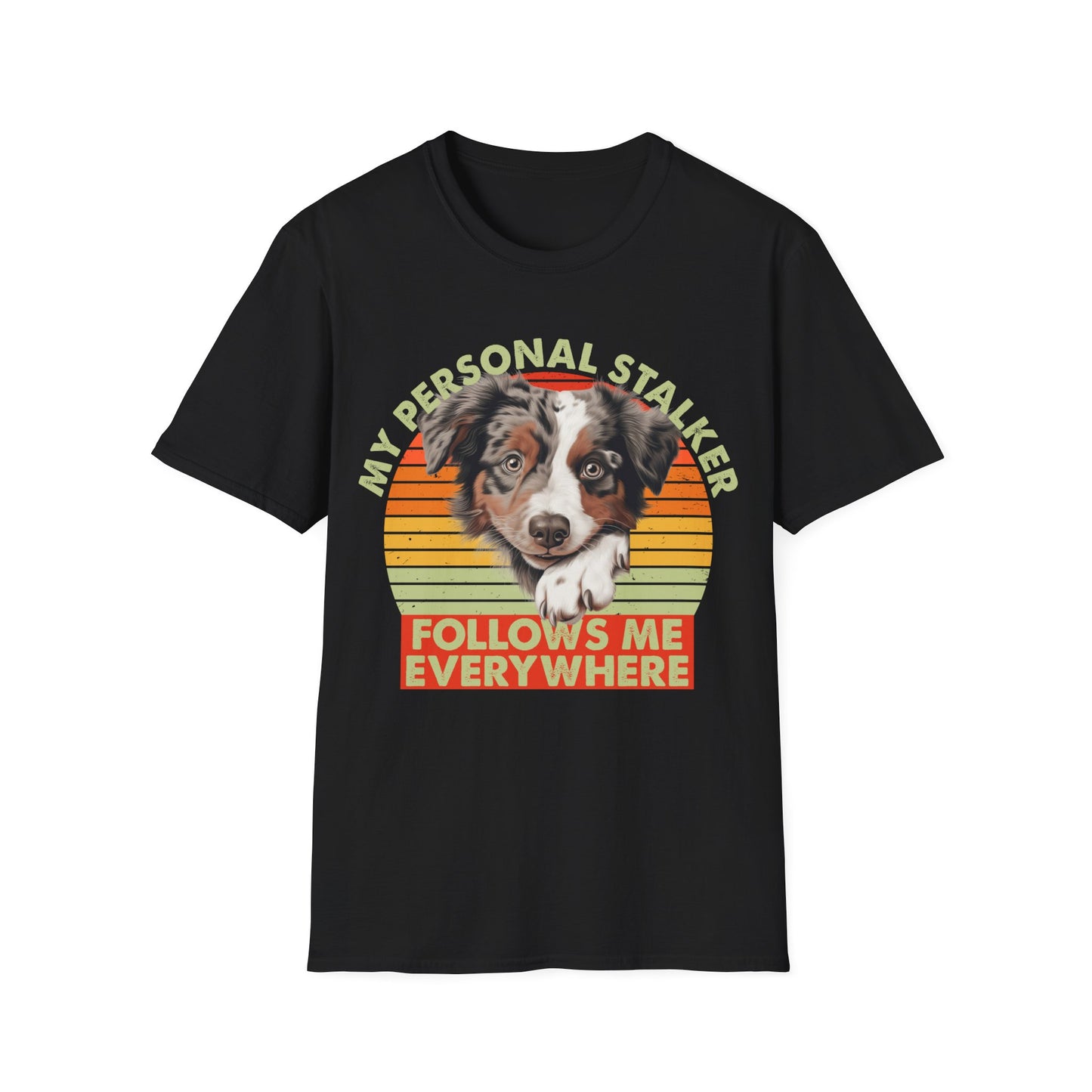 Black unisex t-shirt Australian Shepherd with retro sunset and text that says 'My Personal Stalker Follows Me Everywhere', ideal for Aussie owners and dog lovers with Velcro dogs
