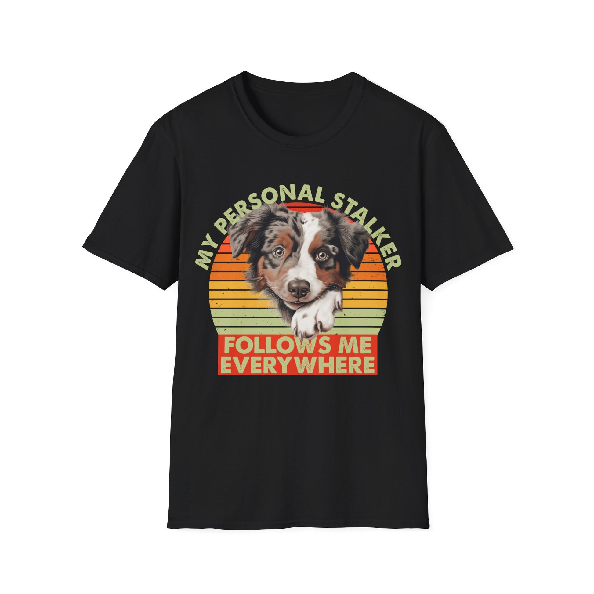 Black unisex t-shirt Australian Shepherd with retro sunset and text that says 'My Personal Stalker Follows Me Everywhere', ideal for Aussie owners and dog lovers with Velcro dogs