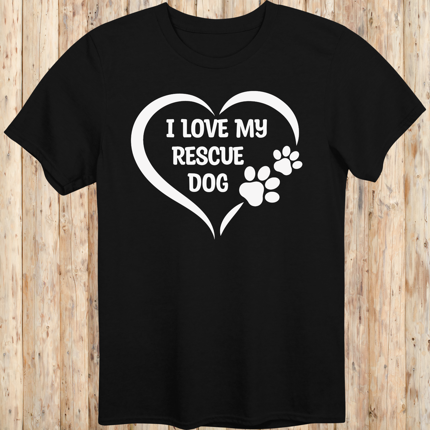 Black unisex t-shirt with text that says 'I Love My Rescue Dog', perfect for dog adopters and rescue pet supporters