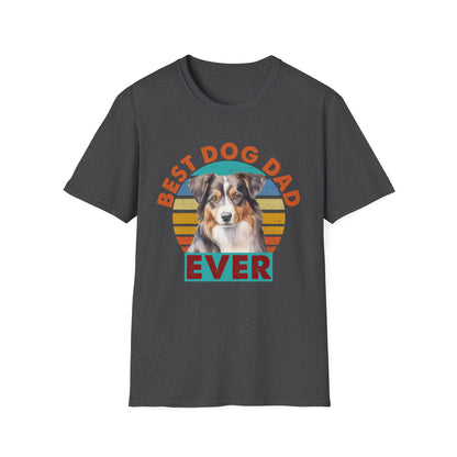 Dark heather unisex t-shirt with text that says 'Best Dog Dad Ever' and an Australian Shepherd graphic, ideal for Aussie dog dads and pet lovers