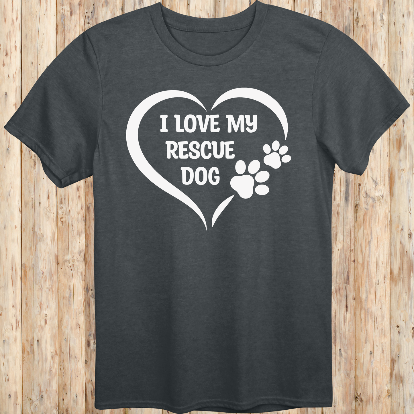 Dark heather unisex t-shirt with text that says 'I Love My Rescue Dog', perfect for dog adopters and rescue pet supporters