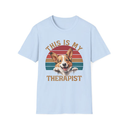 funny corgi light blue t-shirt cardigan welsh pembroke retro vintage design Dog is my therapist