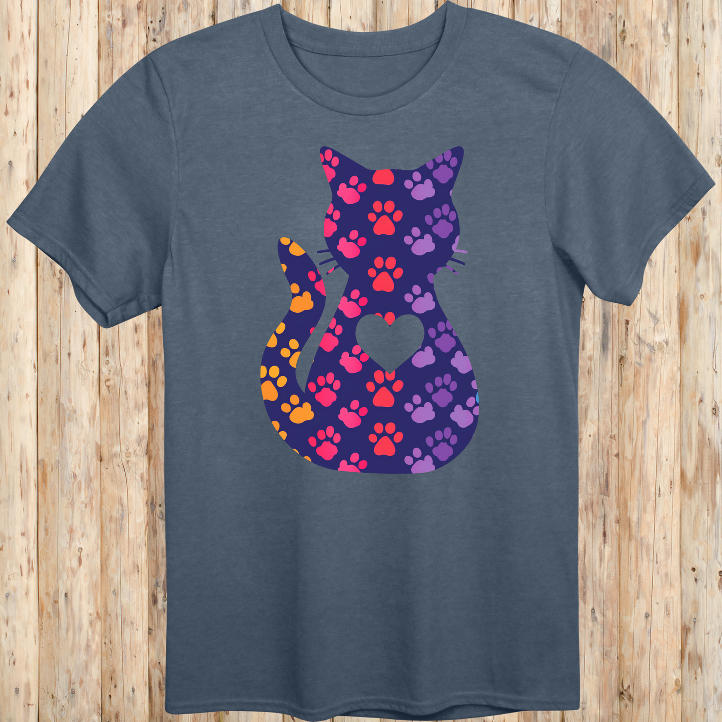 Colorful Cat Silhouette with Paw Prints T-Shirt