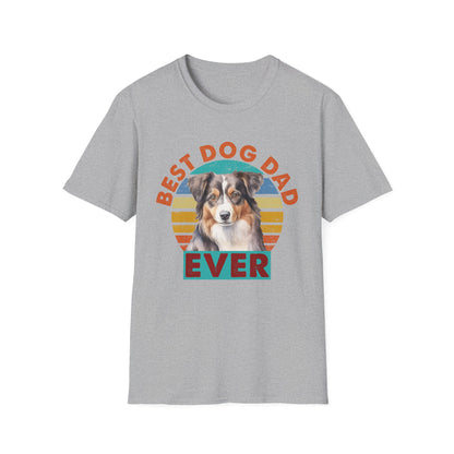 Sport grey unisex t-shirt with text that says 'Best Dog Dad Ever' and an Australian Shepherd graphic, ideal for Aussie dog dads and pet lovers