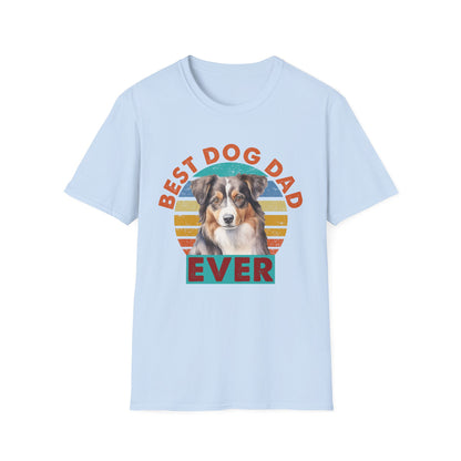 Light blue unisex t-shirt with text that says 'Best Dog Dad Ever' and an Australian Shepherd graphic, ideal for Aussie dog dads and pet lovers