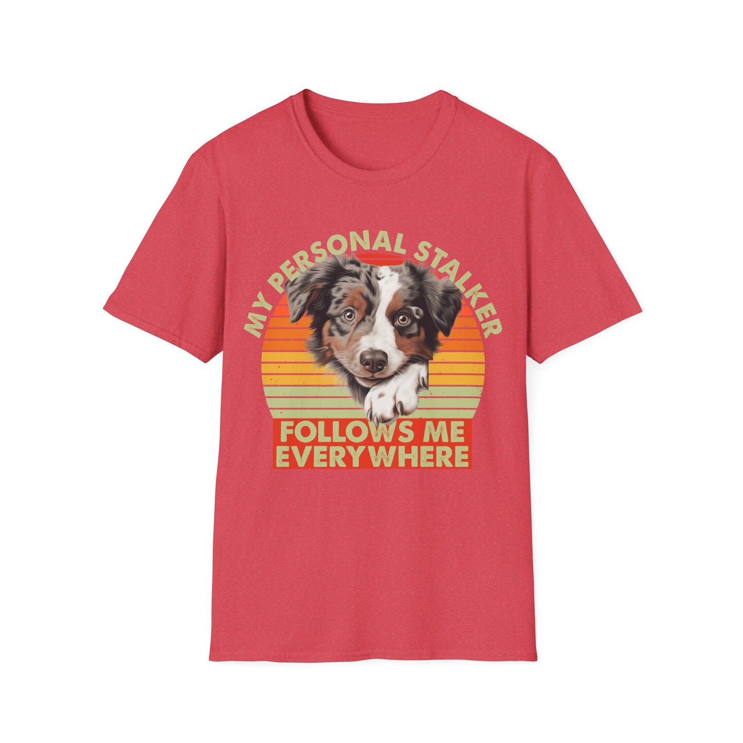 Heather red unisex t-shirt Australian Shepherd with retro sunset and text that says 'My Personal Stalker Follows Me Everywhere', ideal for Aussie owners and dog lovers with Velcro dogs