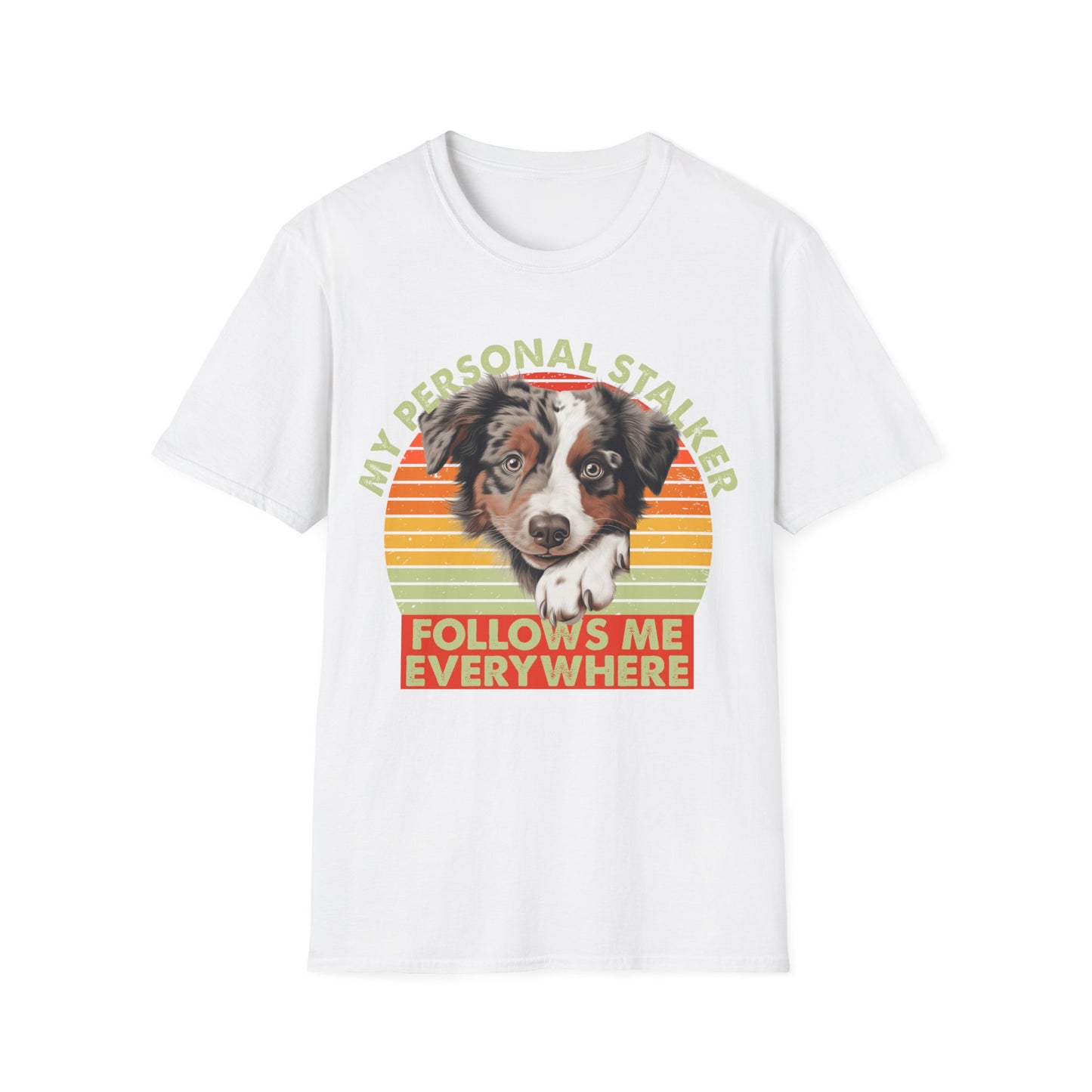 White unisex t-shirt Australian Shepherd with retro sunset and text that says 'My Personal Stalker Follows Me Everywhere', ideal for Aussie owners and dog lovers with Velcro dogs