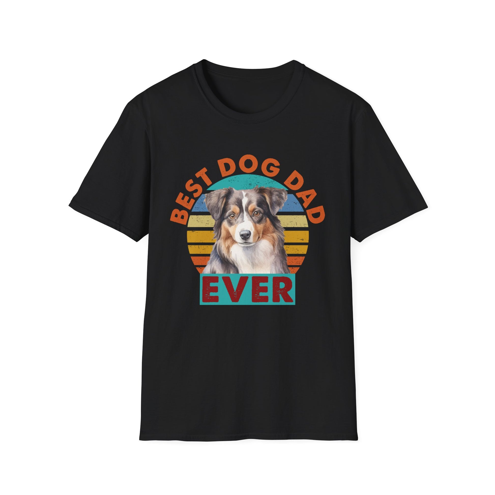 Black unisex t-shirt with text that says 'Best Dog Dad Ever' and an Australian Shepherd graphic, ideal for Aussie dog dads and pet lovers