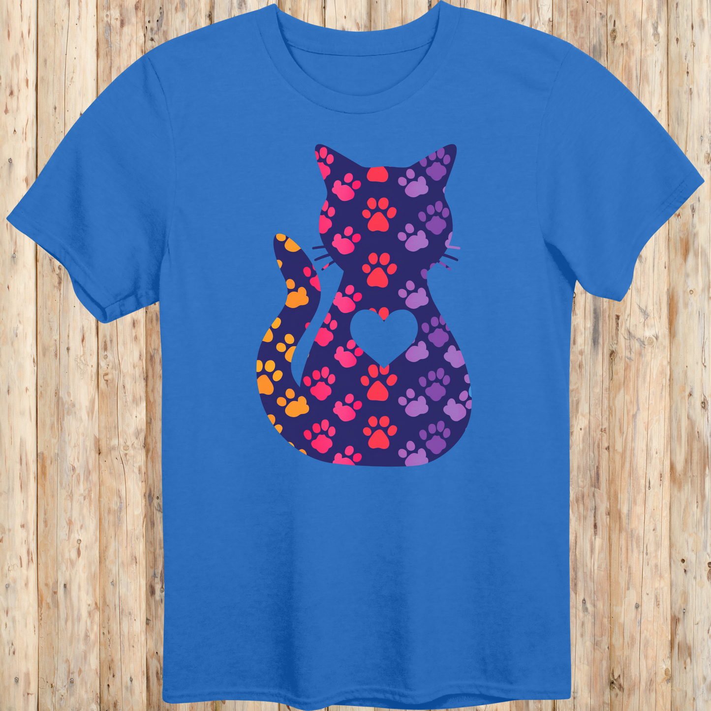 Colorful Cat Silhouette with Paw Prints T-Shirt