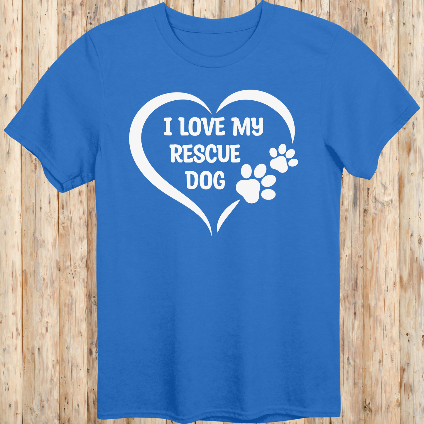Royal blue unisex t-shirt with text that says 'I Love My Rescue Dog', perfect for dog adopters and rescue pet supporters