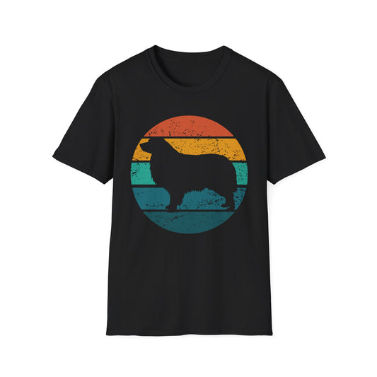 Black unisex t-shirt with a retro sunset graphic and Australian Shepherd silhouette, ideal for Aussie dog owners and breed enthusiasts