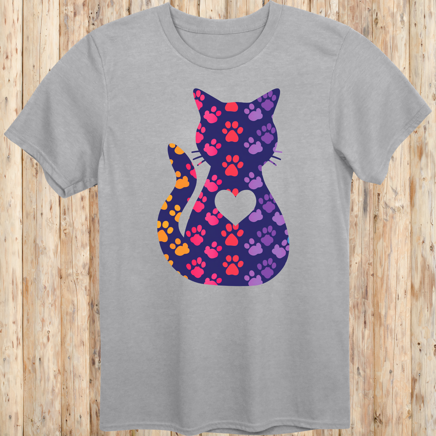 Colorful Cat Silhouette with Paw Prints T-Shirt