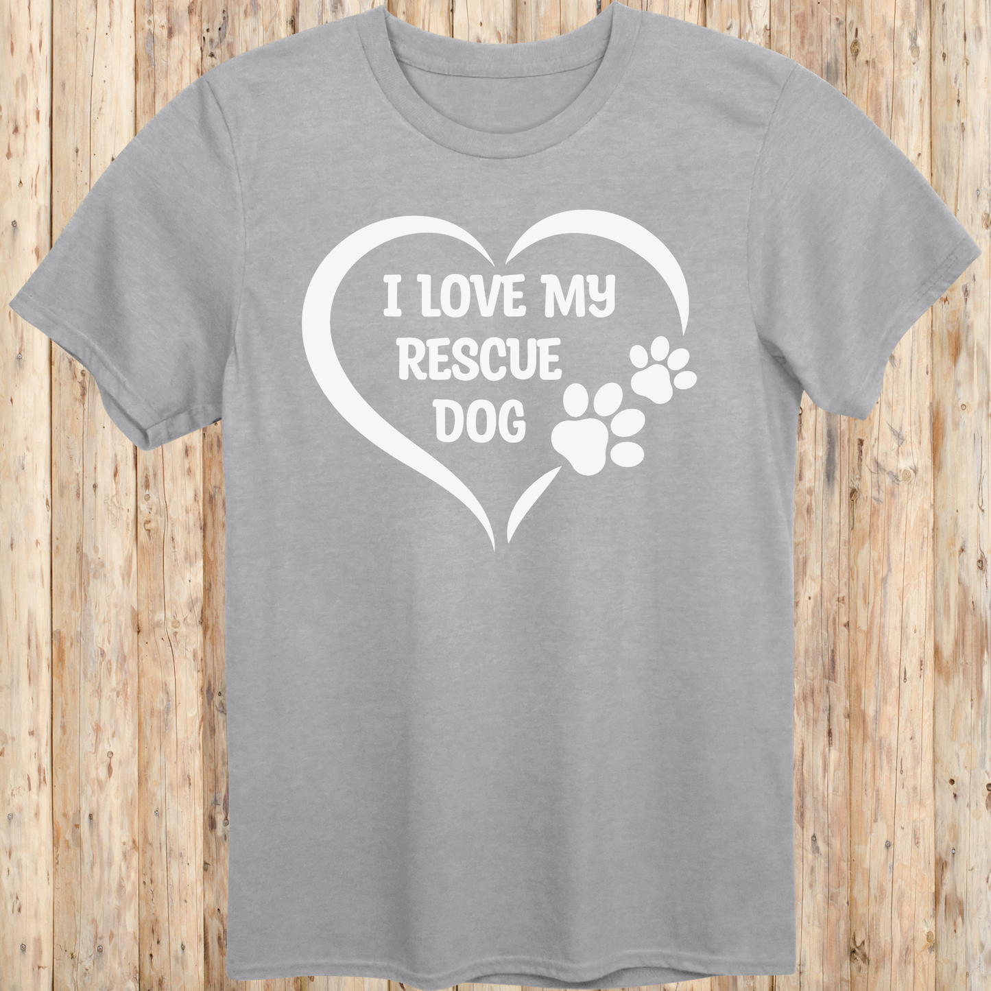 Sport grey unisex t-shirt with text that says 'I Love My Rescue Dog', perfect for dog adopters and rescue pet supporters