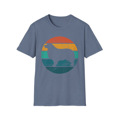 Heather indigo unisex t-shirt with a retro sunset graphic and Australian Shepherd silhouette, ideal for Aussie dog owners and breed enthusiasts