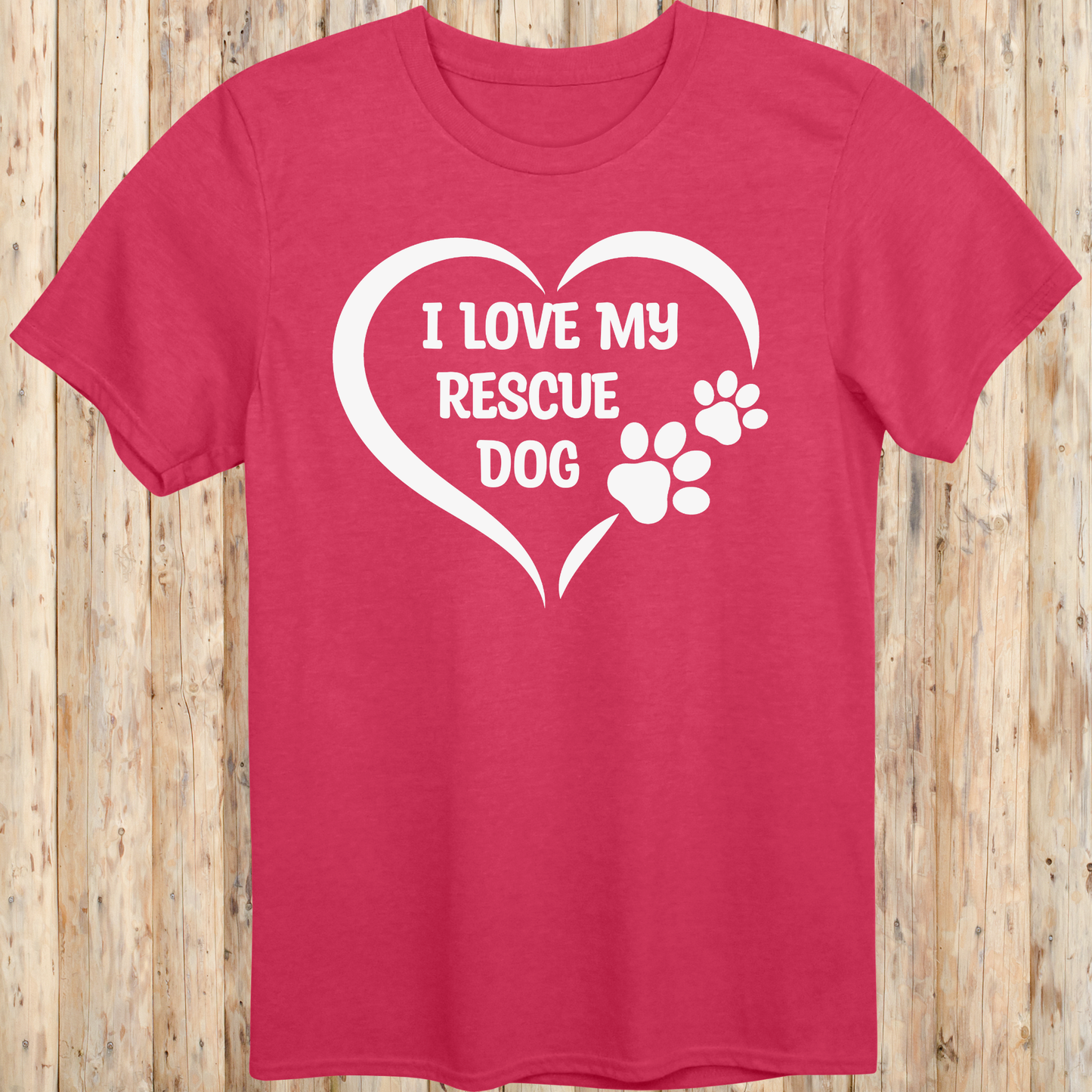 Heather red unisex t-shirt with text that says 'I Love My Rescue Dog', perfect for dog adopters and rescue pet supporters