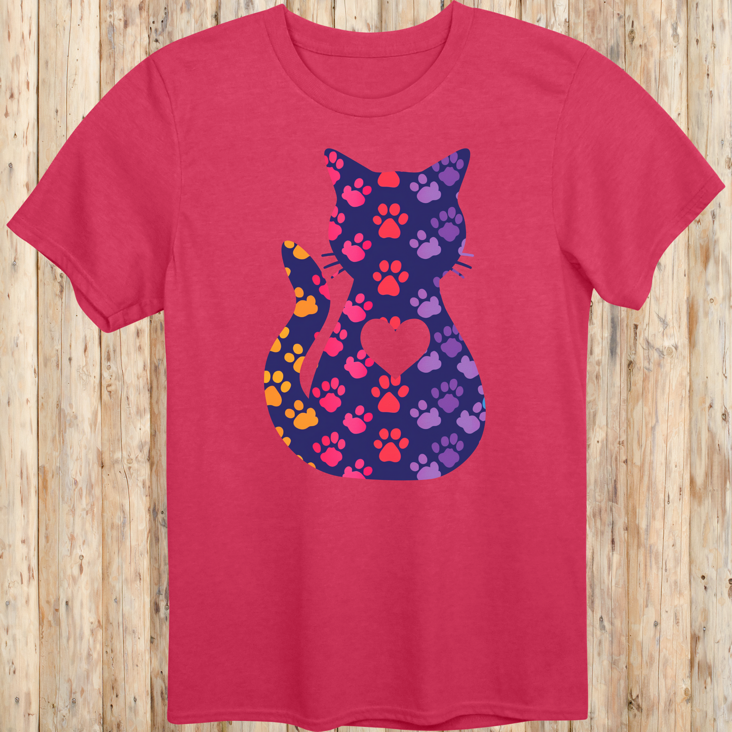 Colorful Cat Silhouette with Paw Prints T-Shirt