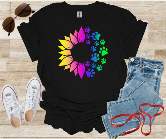 Rainbow Dog Paw Prints and Sunflower T-Shirt