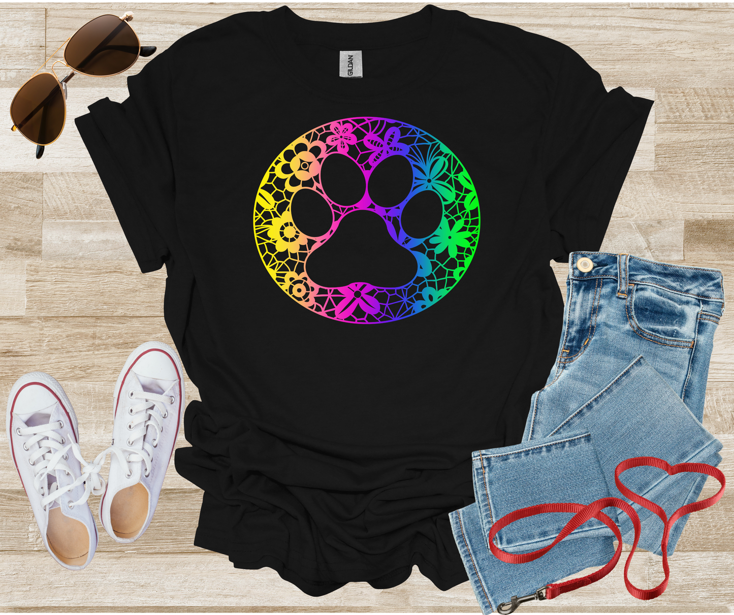 Dog Paw Print Lace Rainbow Chinoiserie T-Shirt