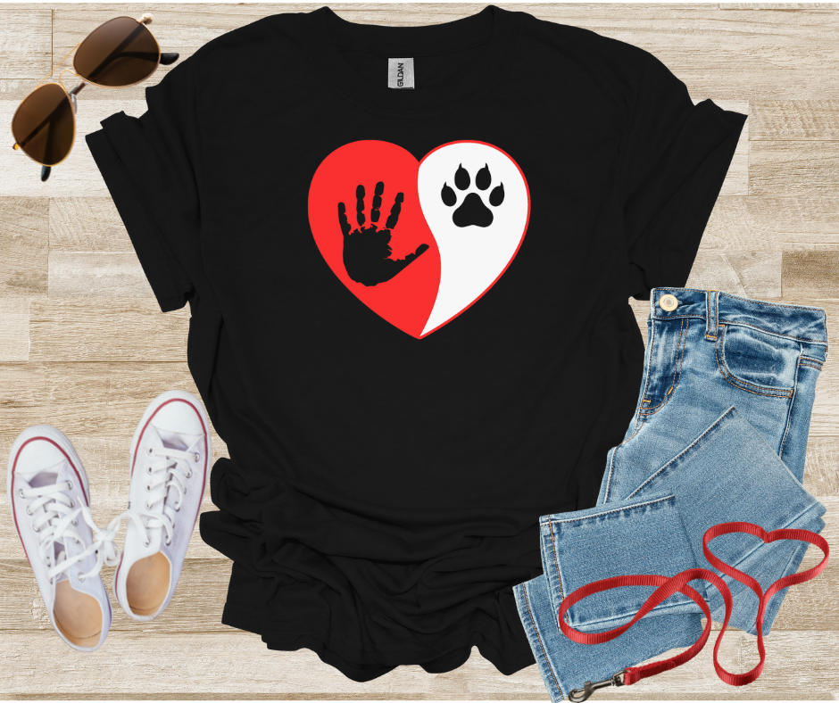 Cat Paw Print and Human Hand Print inside Heart Shape Unisex T-Shirt for Cat Lovers