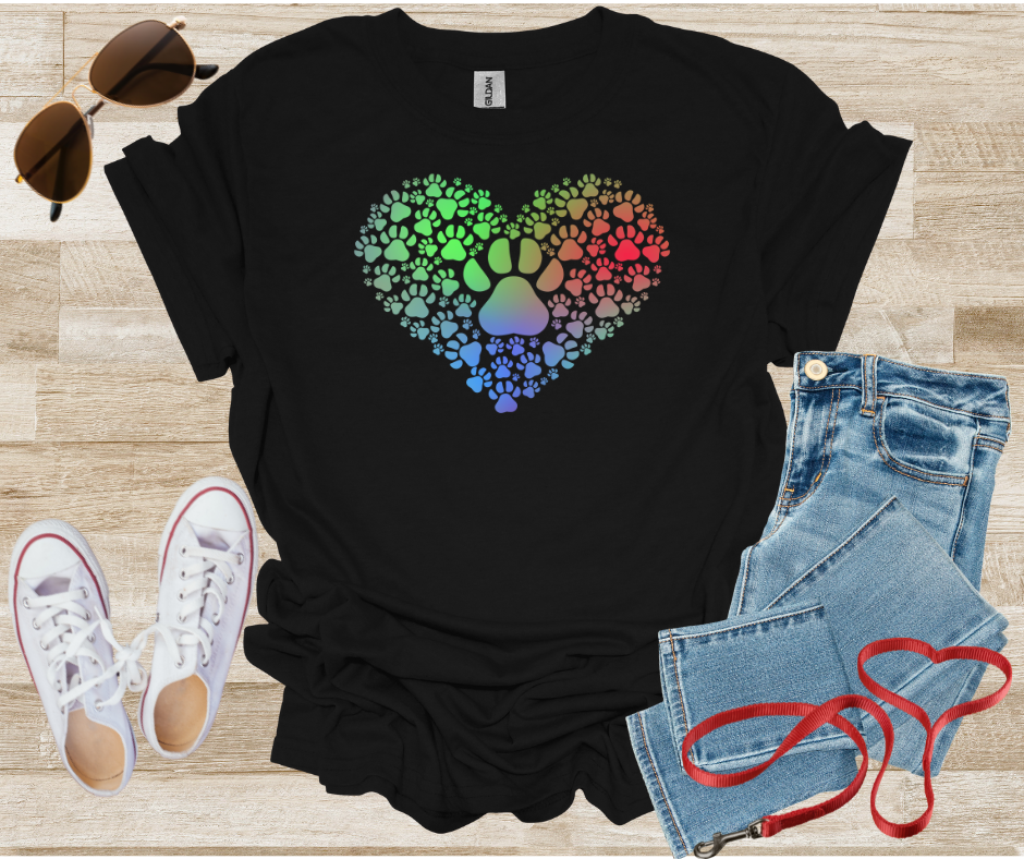 Paw Print Heart Shape T-Shirt with Gradient Colors