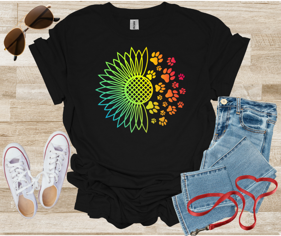 Rainbow Sunflower Dog Paw Prints T-Shirt