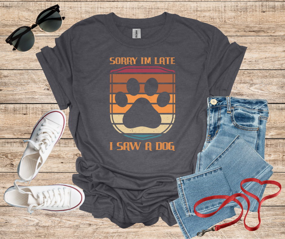 Sorry I'm Late I Saw A Dog Retro Colors Shield Paw Print T-Shirt