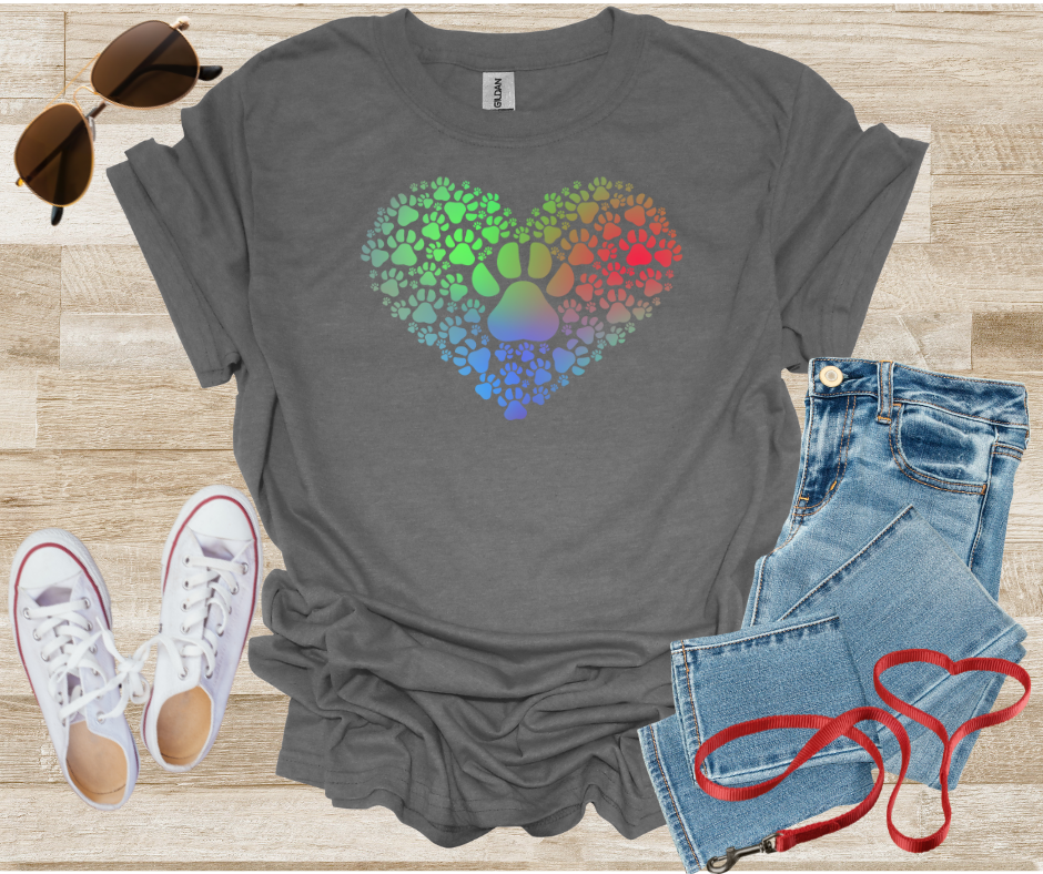 Paw Print Heart Shape T-Shirt with Gradient Colors