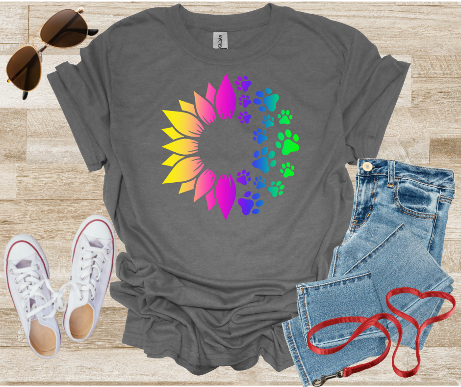 Rainbow Dog Paw Prints and Sunflower T-Shirt