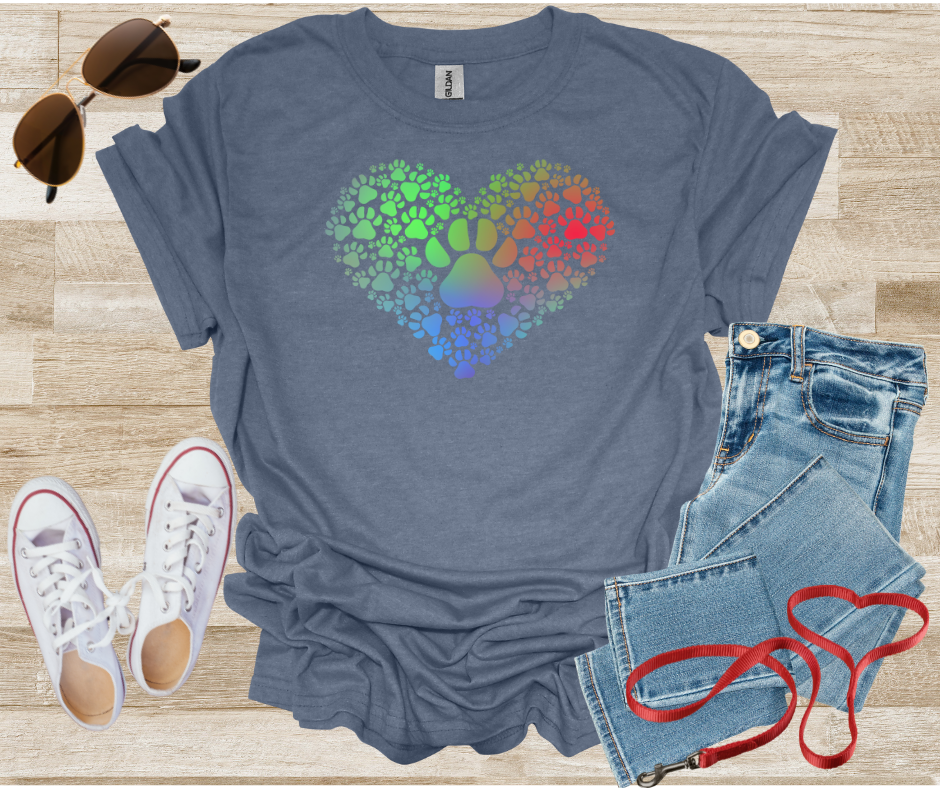 Paw Print Heart Shape T-Shirt with Gradient Colors