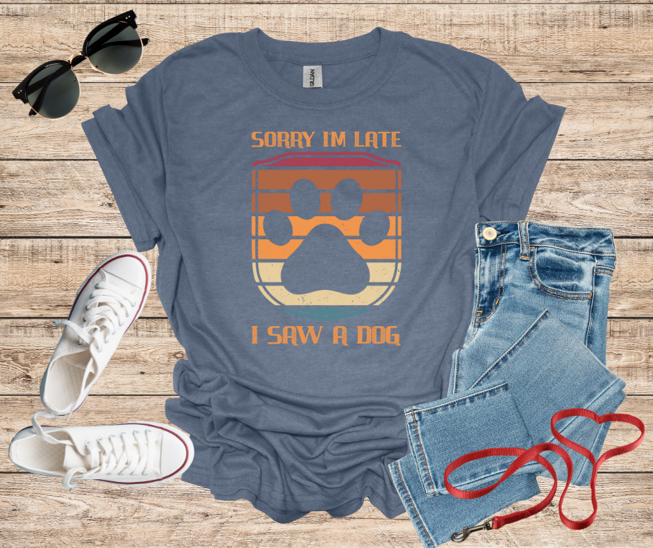 Sorry I'm Late I Saw A Dog Retro Colors Shield Paw Print T-Shirt