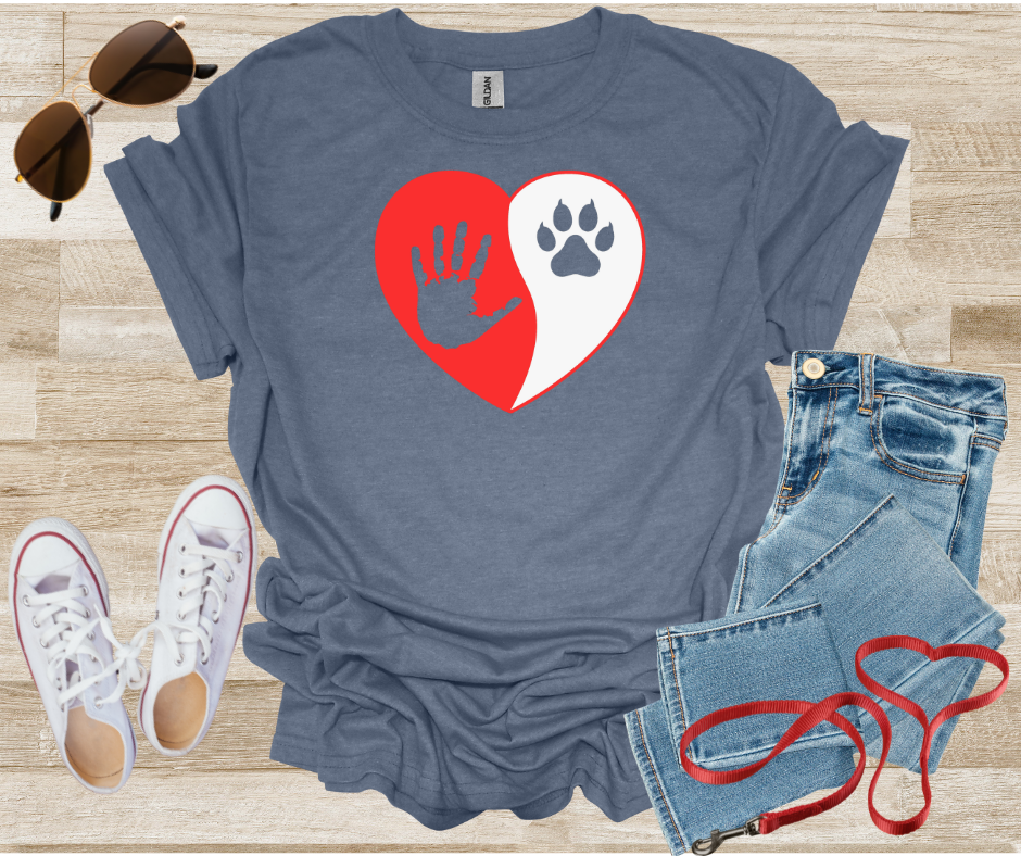 Cat Paw Print and Human Hand Print inside Heart Shape Unisex T-Shirt for Cat Lovers