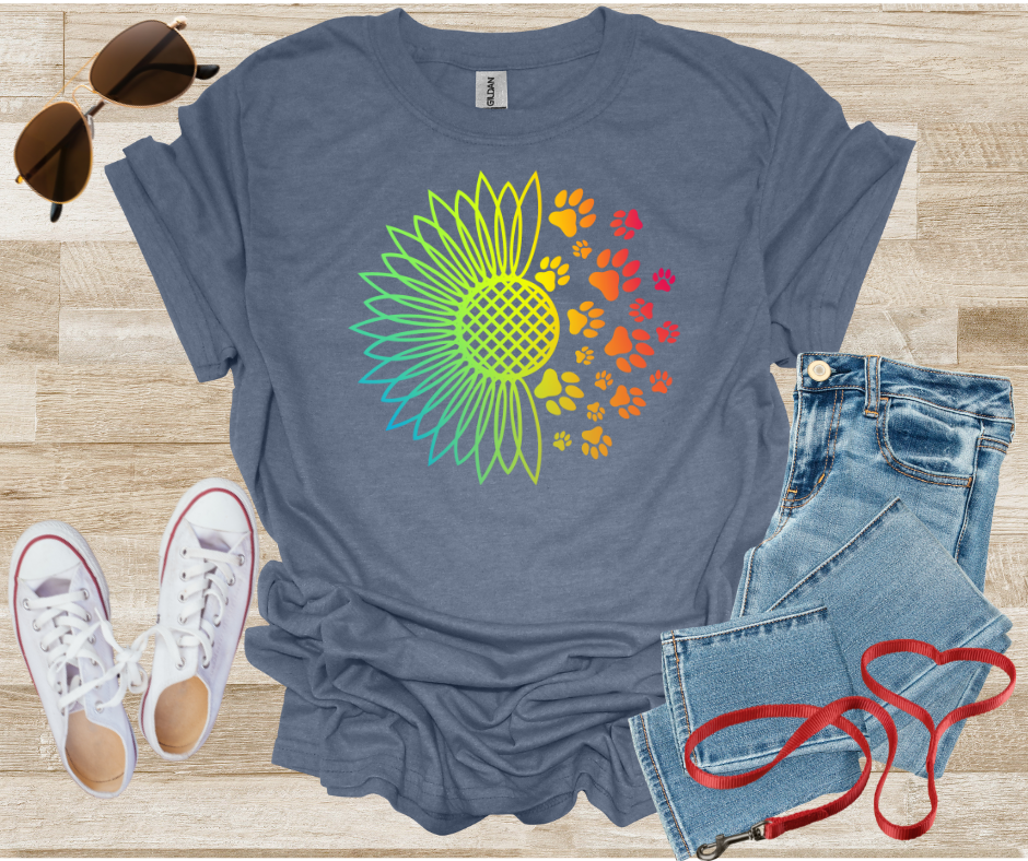 Rainbow Sunflower Dog Paw Prints T-Shirt