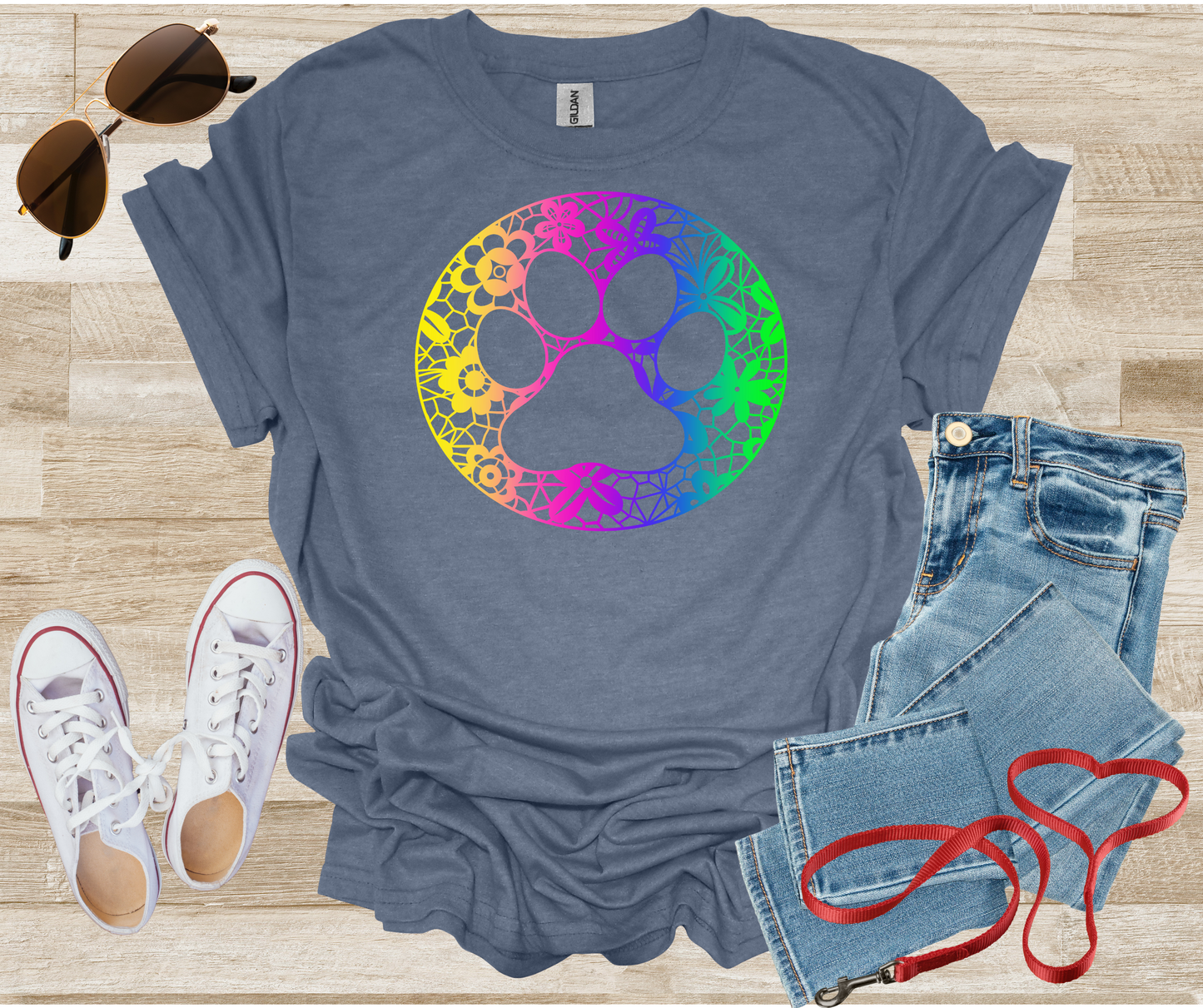 Dog Paw Print Lace Rainbow Chinoiserie T-Shirt