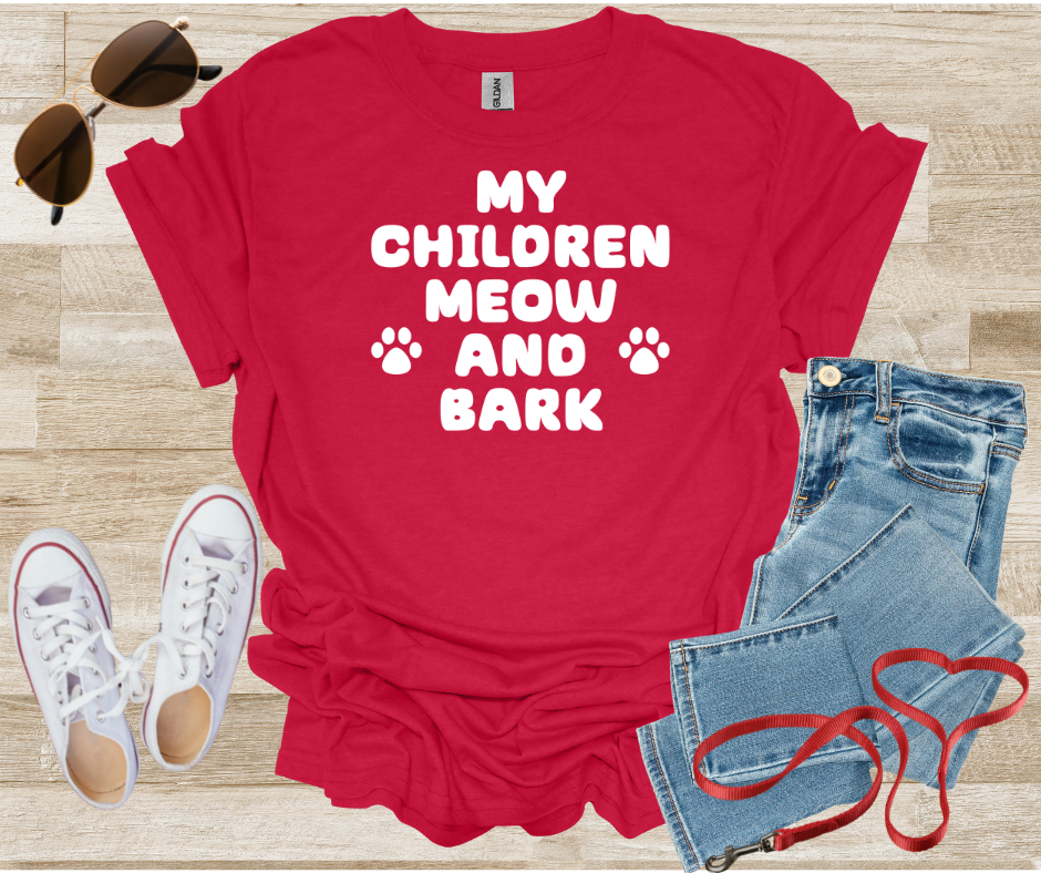 Dog Cat Pet Mom Dad Unisex Softstyle T-Shirt - 'My Children Meow and Bark'