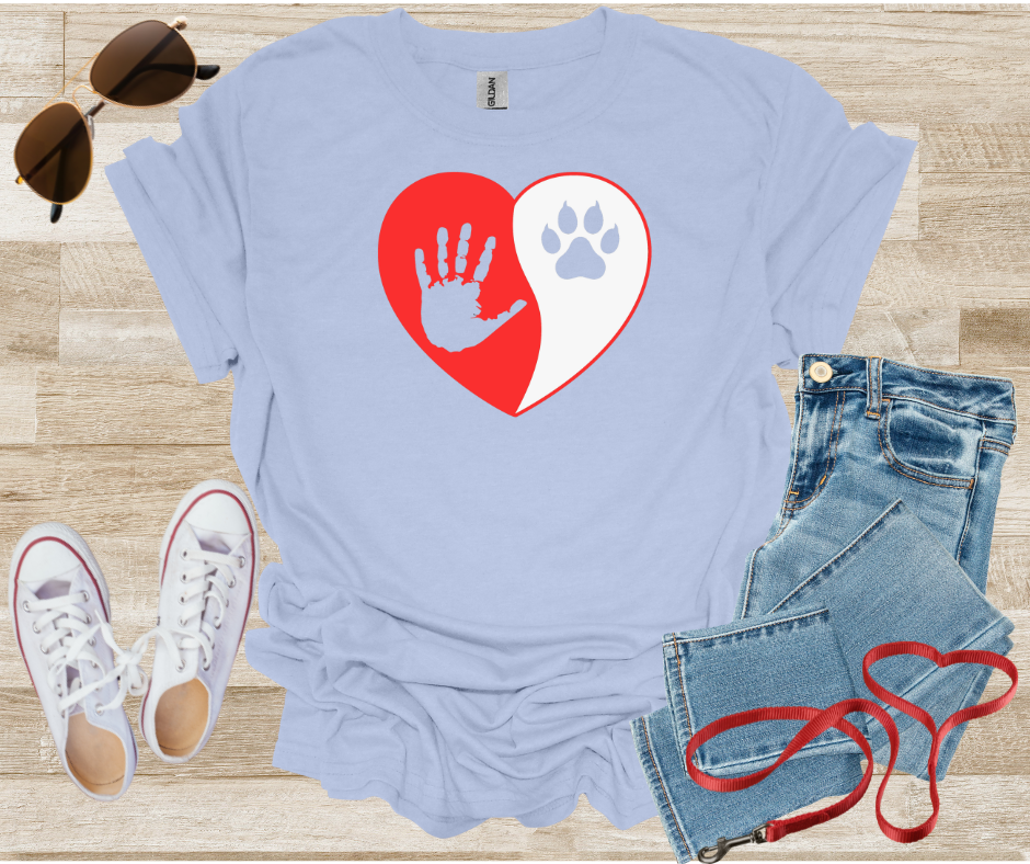 Cat Paw Print and Human Hand Print inside Heart Shape Unisex T-Shirt for Cat Lovers