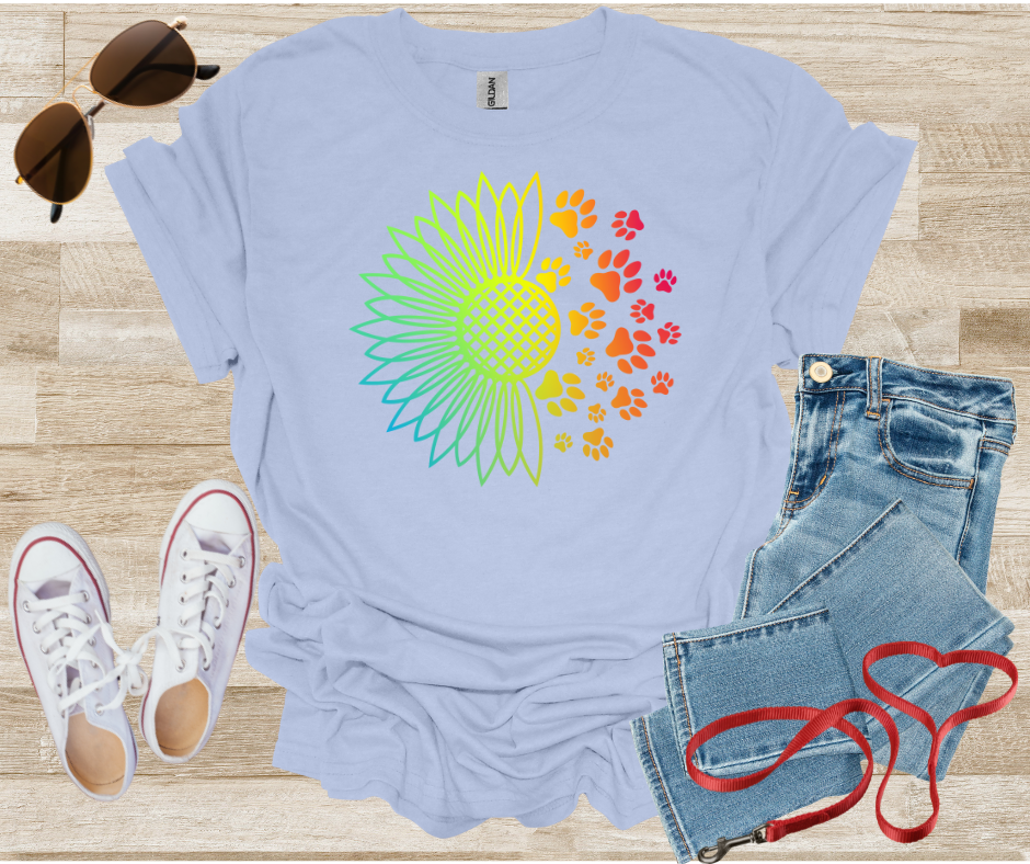 Rainbow Sunflower Dog Paw Prints T-Shirt