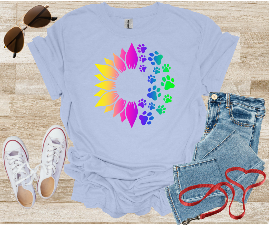 Rainbow Dog Paw Prints and Sunflower T-Shirt