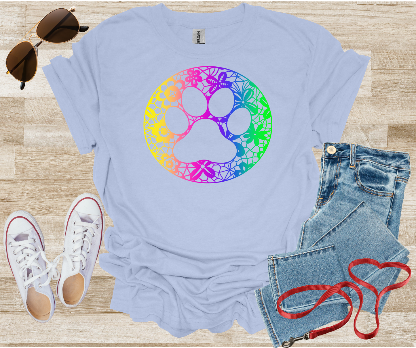 Dog Paw Print Lace Rainbow Chinoiserie T-Shirt