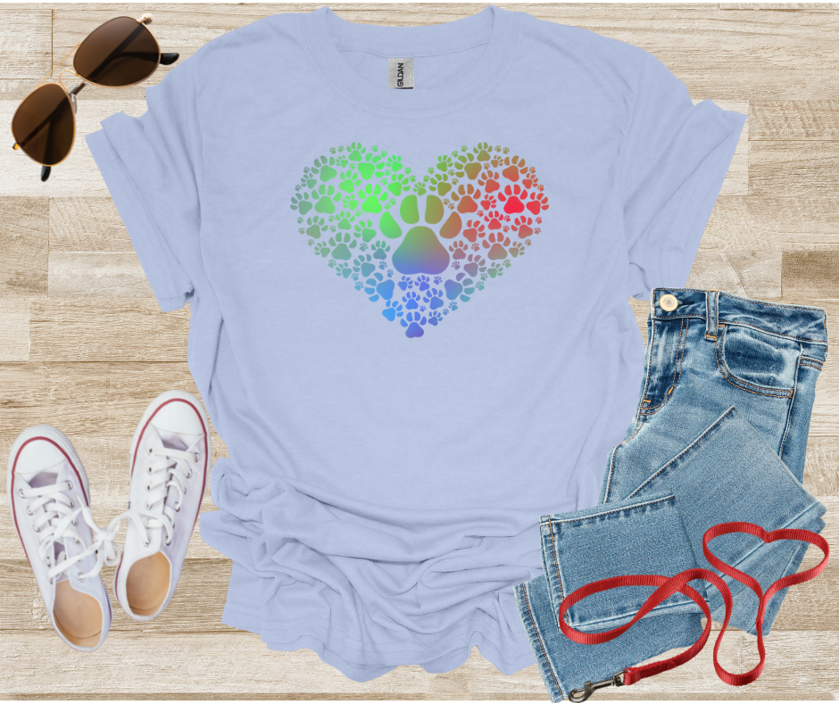 Paw Print Heart Shape T-Shirt with Gradient Colors