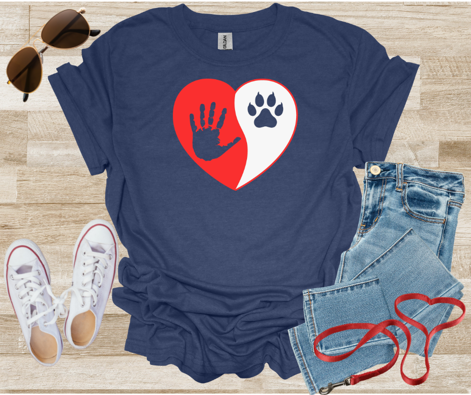 Cat Paw Print and Human Hand Print inside Heart Shape Unisex T-Shirt for Cat Lovers