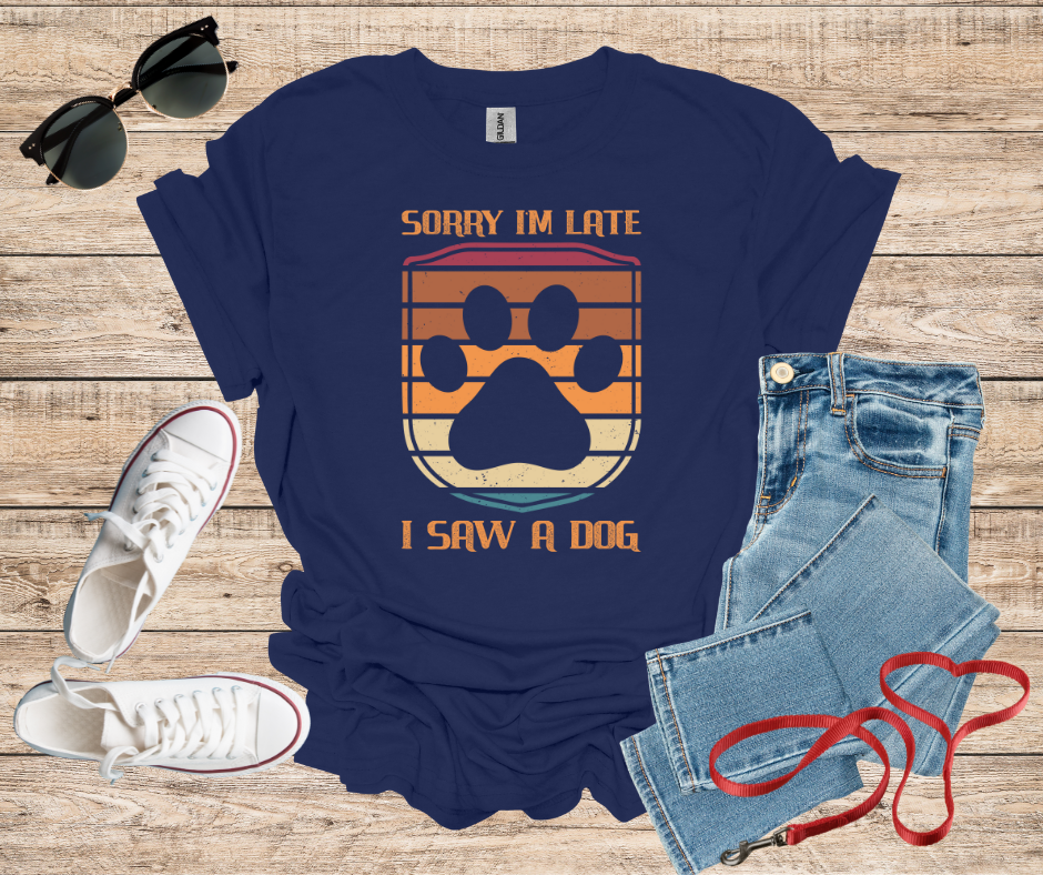 Sorry I'm Late I Saw A Dog Retro Colors Shield Paw Print T-Shirt