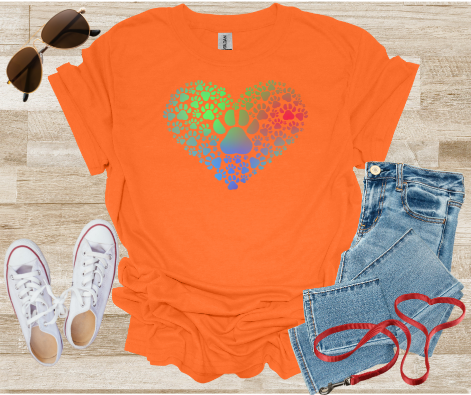 Paw Print Heart Shape T-Shirt with Gradient Colors