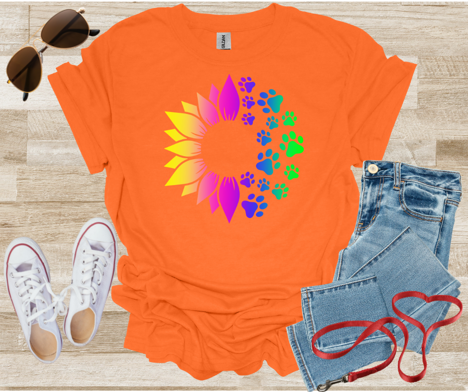 Rainbow Dog Paw Prints and Sunflower T-Shirt