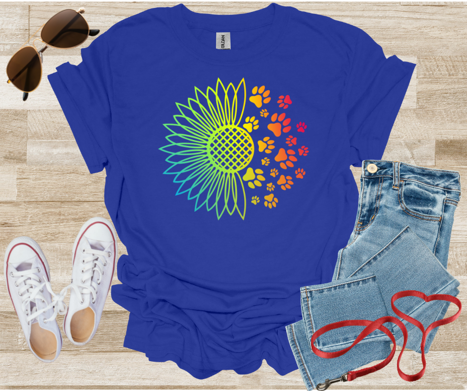 Rainbow Sunflower Dog Paw Prints T-Shirt