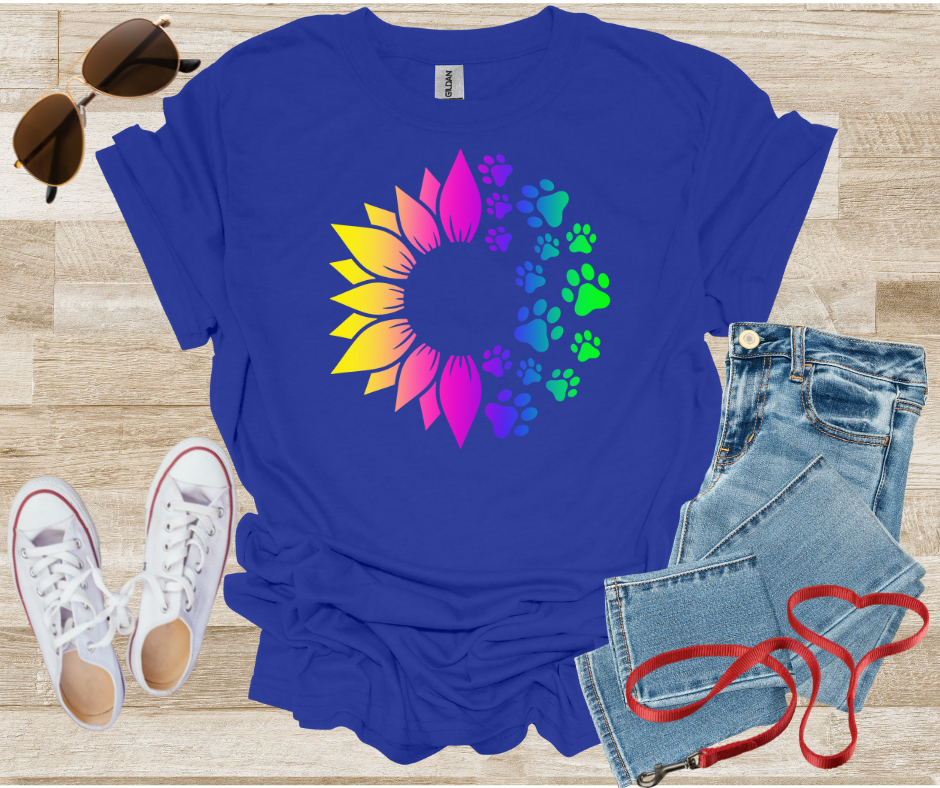 Rainbow Dog Paw Prints and Sunflower T-Shirt