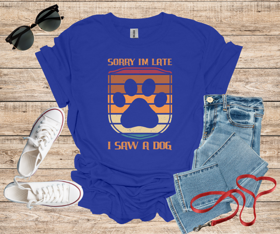 Sorry I'm Late I Saw A Dog Retro Colors Shield Paw Print T-Shirt