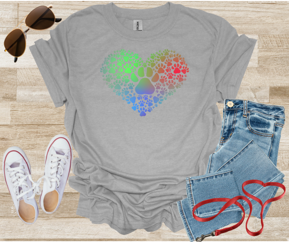 Paw Print Heart Shape T-Shirt with Gradient Colors