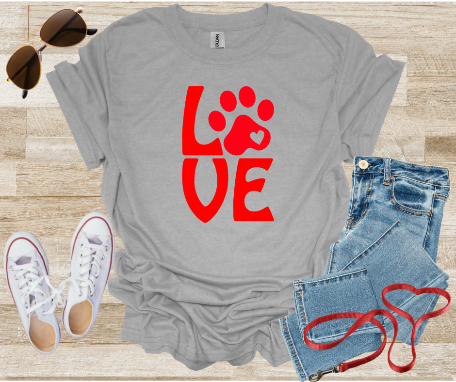 LOVE Dog Paw Print Heart T-Shirt