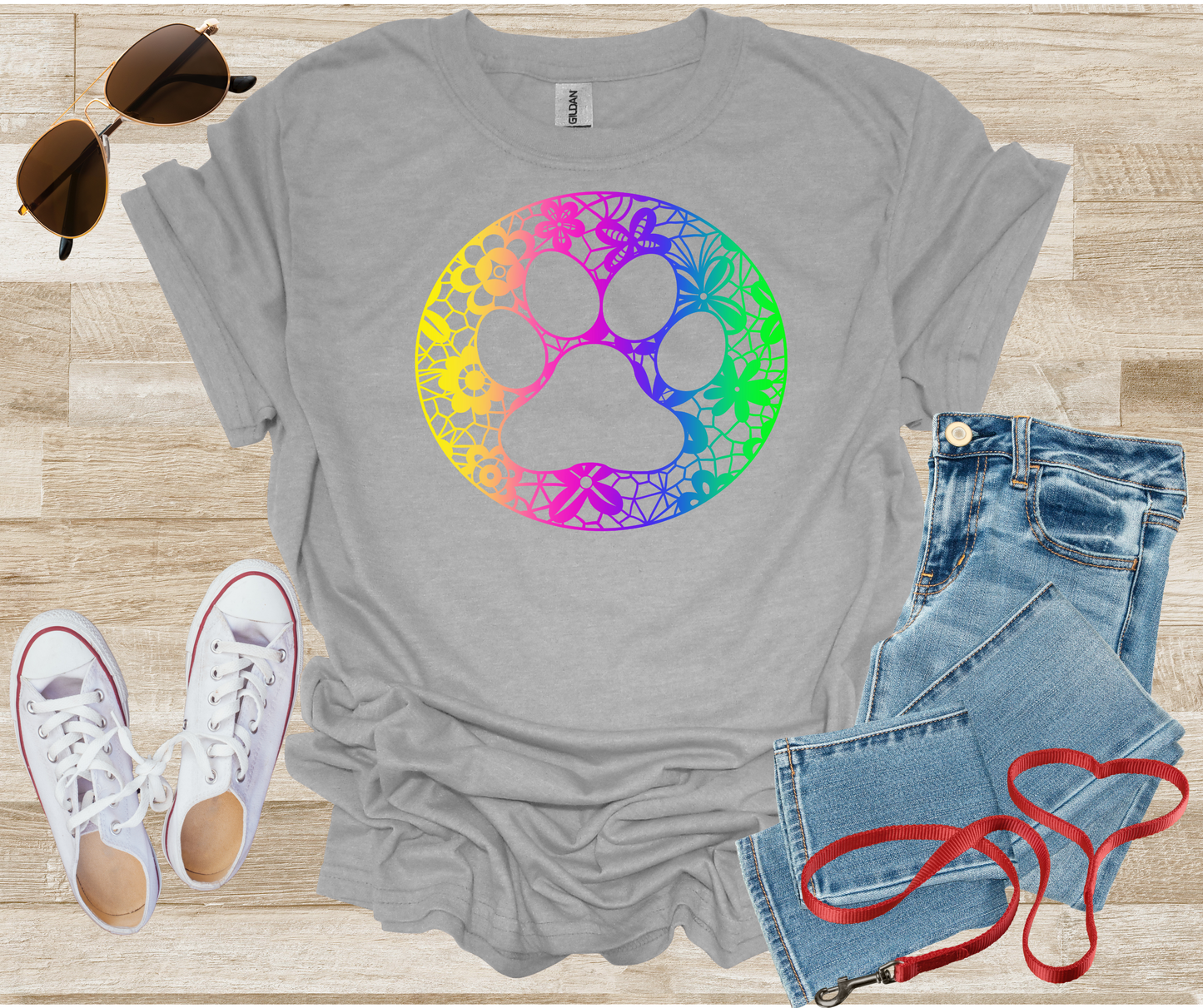 Dog Paw Print Lace Rainbow Chinoiserie T-Shirt